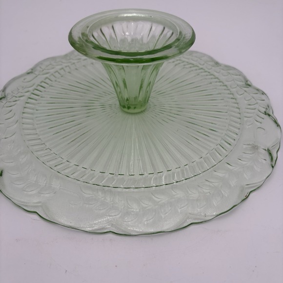 Green Glass Cake Stand Art Deco Depression Era Serving Plate 12" - Picture 6 of 8